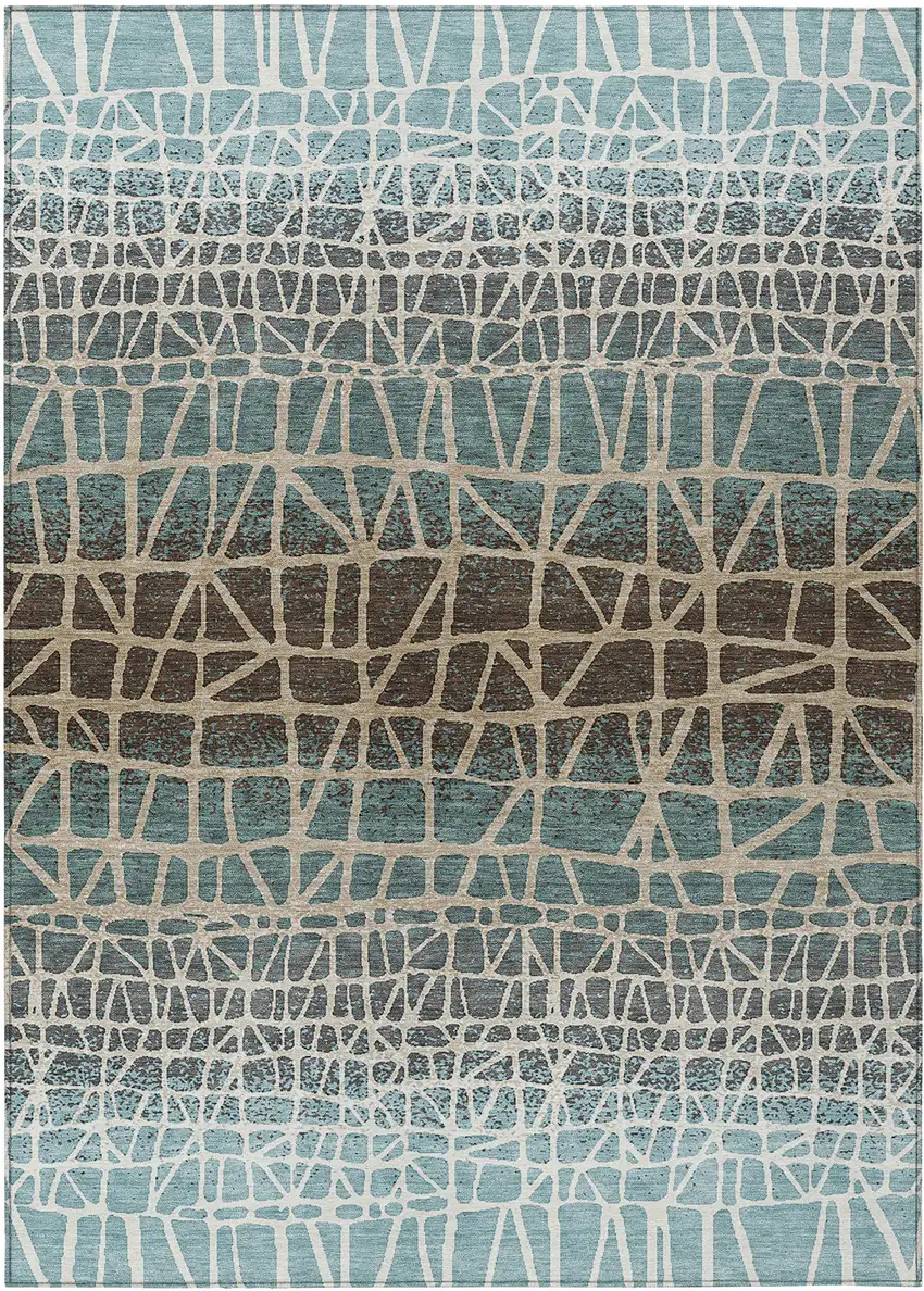 Teal Blue Chocolate And Beige Geometric Washable Indoor Outdoor Area Rug Photo 1