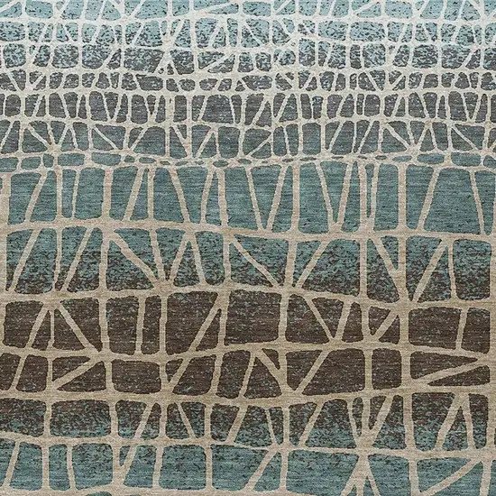 Teal Blue Chocolate And Beige Geometric Washable Indoor Outdoor Area Rug Photo 2