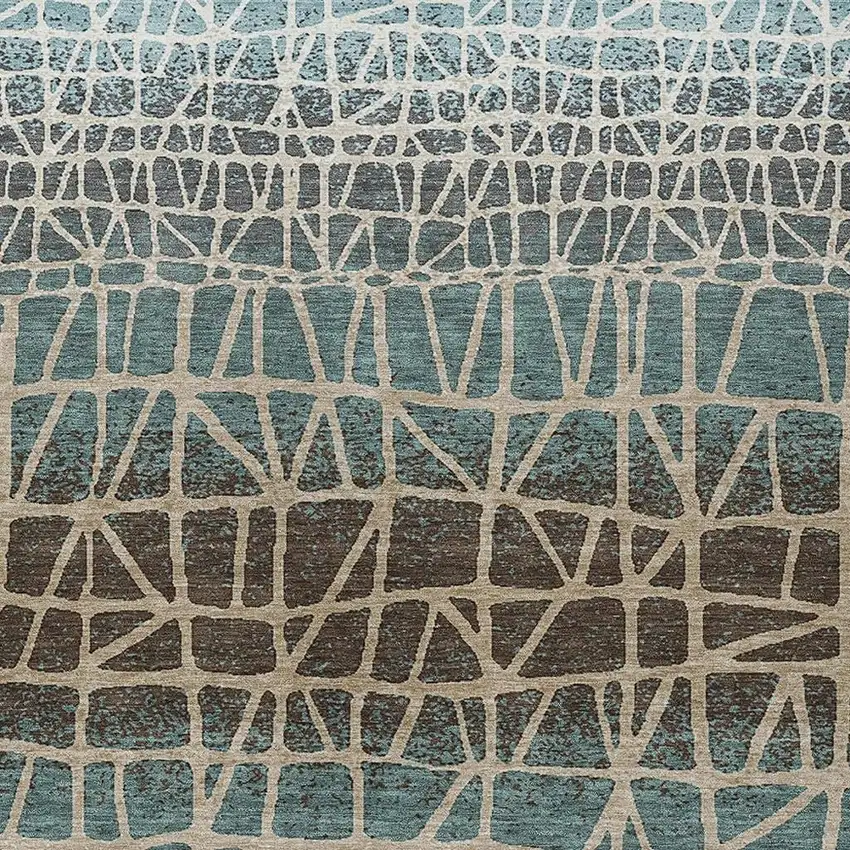 Teal Blue Chocolate And Beige Geometric Washable Indoor Outdoor Area Rug Photo 2