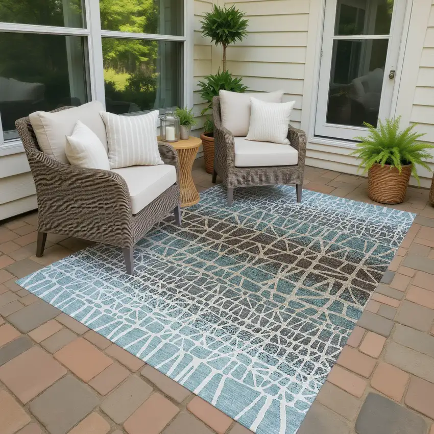 Teal Blue Chocolate And Beige Geometric Washable Indoor Outdoor Area Rug Photo 4