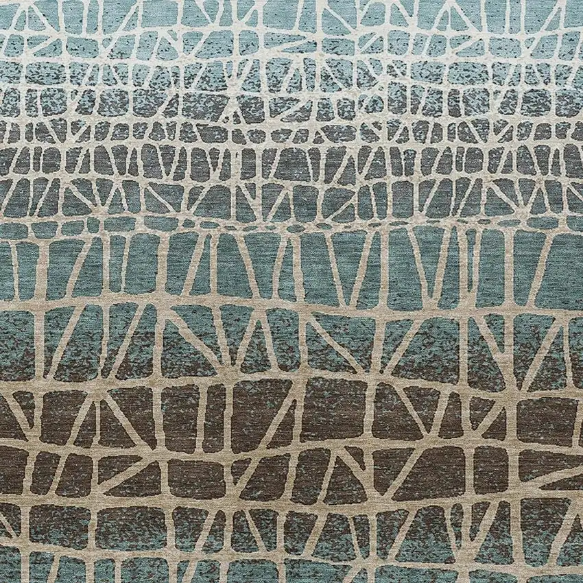 Teal Blue Chocolate And Beige Geometric Washable Indoor Outdoor Area Rug Photo 2