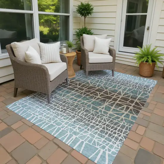 Teal Blue Chocolate And Beige Geometric Washable Indoor Outdoor Area Rug Photo 4
