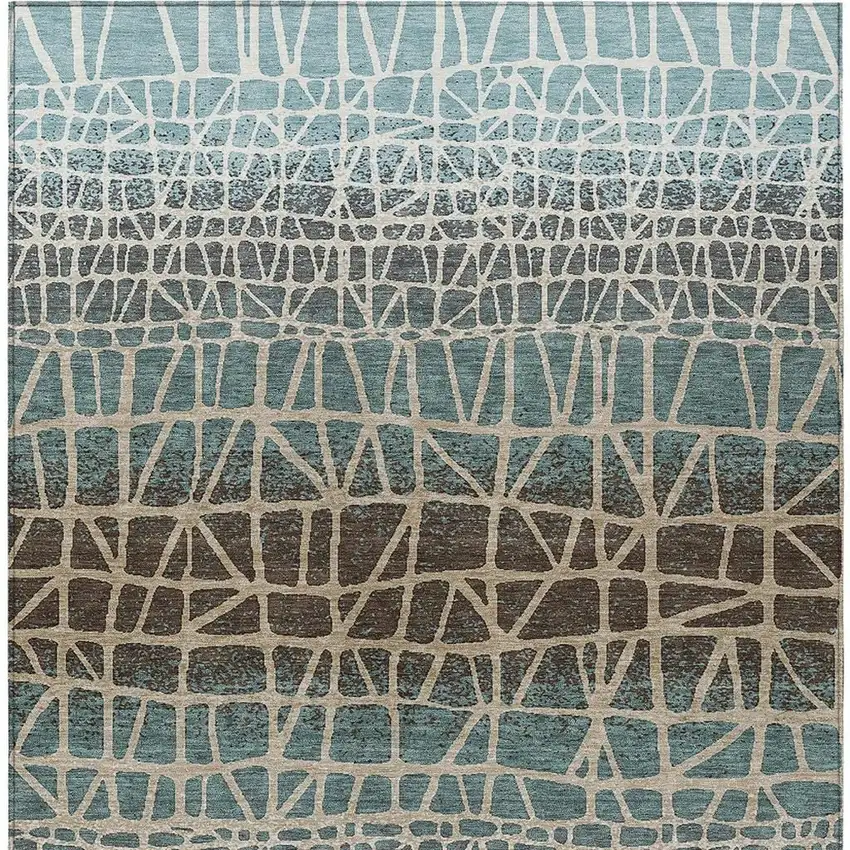 Teal Blue Chocolate And Beige Geometric Washable Indoor Outdoor Area Rug Photo 3