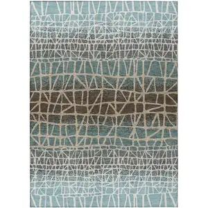 Photo of Teal Blue Chocolate And Beige Geometric Washable Indoor Outdoor Area Rug