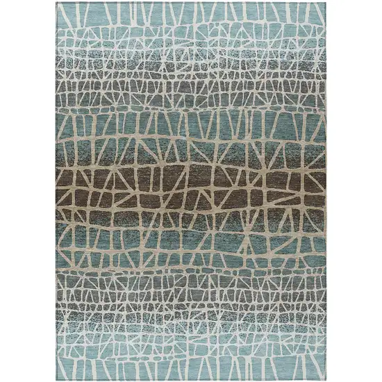 Teal Blue Chocolate And Beige Geometric Washable Indoor Outdoor Area Rug Photo 1