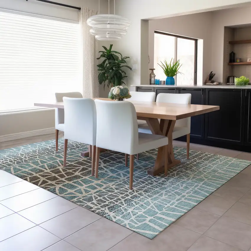 Teal Blue Chocolate And Beige Geometric Washable Indoor Outdoor Area Rug Photo 6