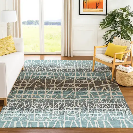Teal Blue Chocolate And Beige Geometric Washable Indoor Outdoor Area Rug Photo 5
