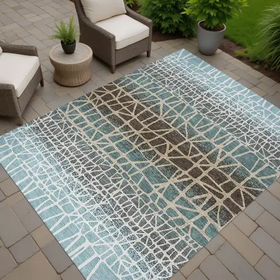 Teal Blue Chocolate And Beige Geometric Washable Indoor Outdoor Area Rug Photo 7