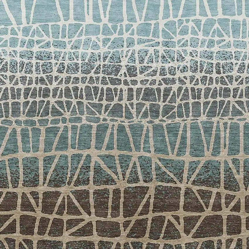 Teal Blue Chocolate And Beige Geometric Washable Indoor Outdoor Area Rug Photo 2