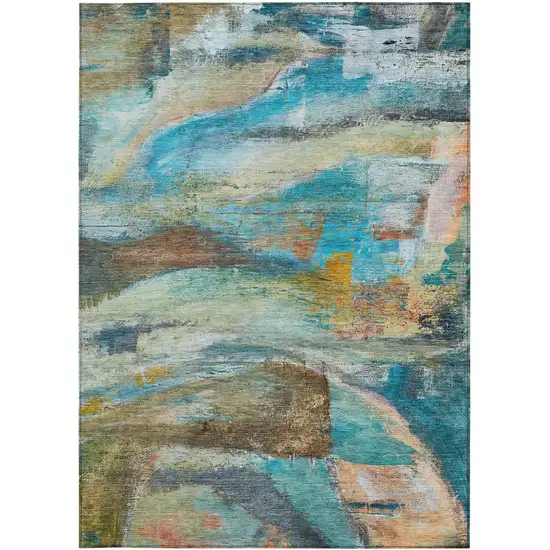 Teal Blue Copper And Beige Abstract Washable Indoor Outdoor Area Rug Photo 9