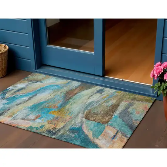 Teal Blue Copper And Beige Abstract Washable Indoor Outdoor Area Rug Photo 2