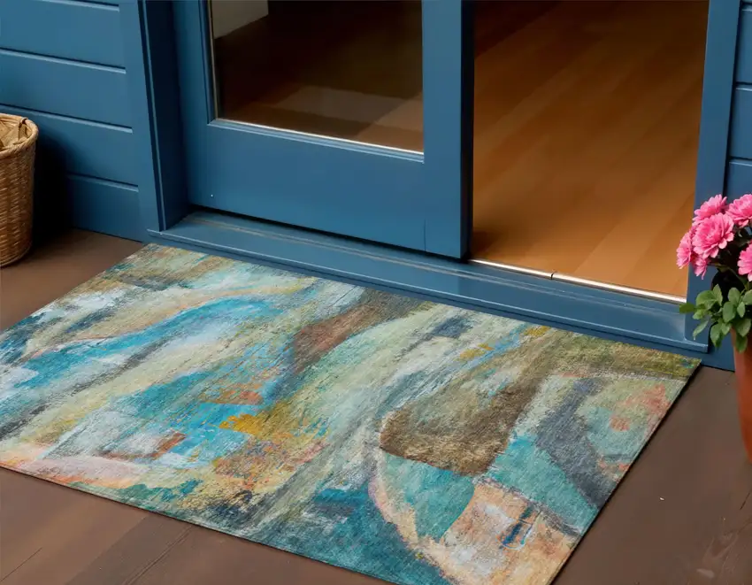 Teal Blue Copper And Beige Abstract Washable Indoor Outdoor Area Rug Photo 2
