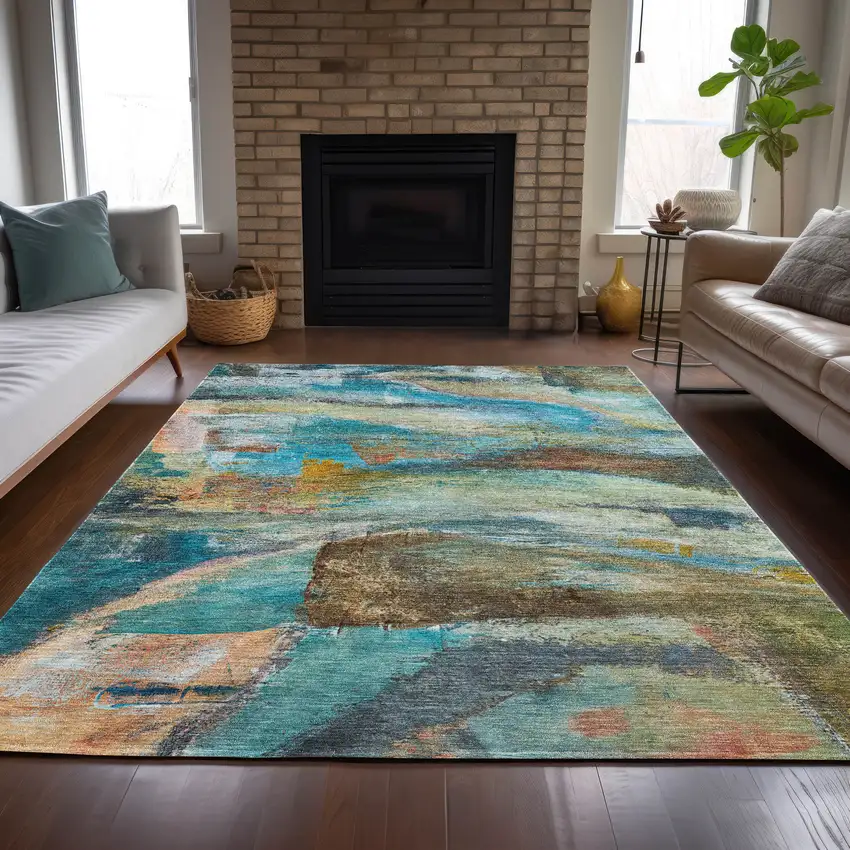 Teal Blue Copper And Beige Abstract Washable Indoor Outdoor Area Rug Photo 6