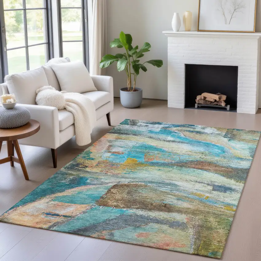 Teal Blue Copper And Beige Abstract Washable Indoor Outdoor Area Rug Photo 5