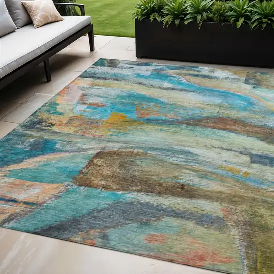 Teal Blue Copper And Beige Abstract Washable Indoor Outdoor Area Rug Photo 2