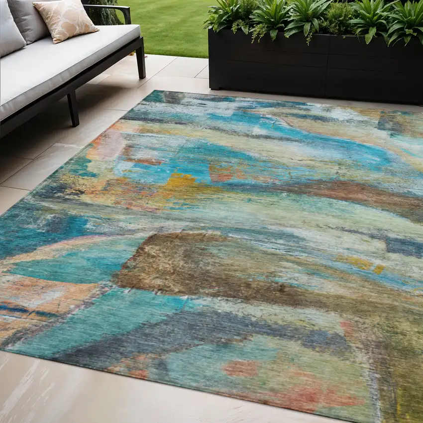 Teal Blue Copper And Beige Abstract Washable Indoor Outdoor Area Rug Photo 2