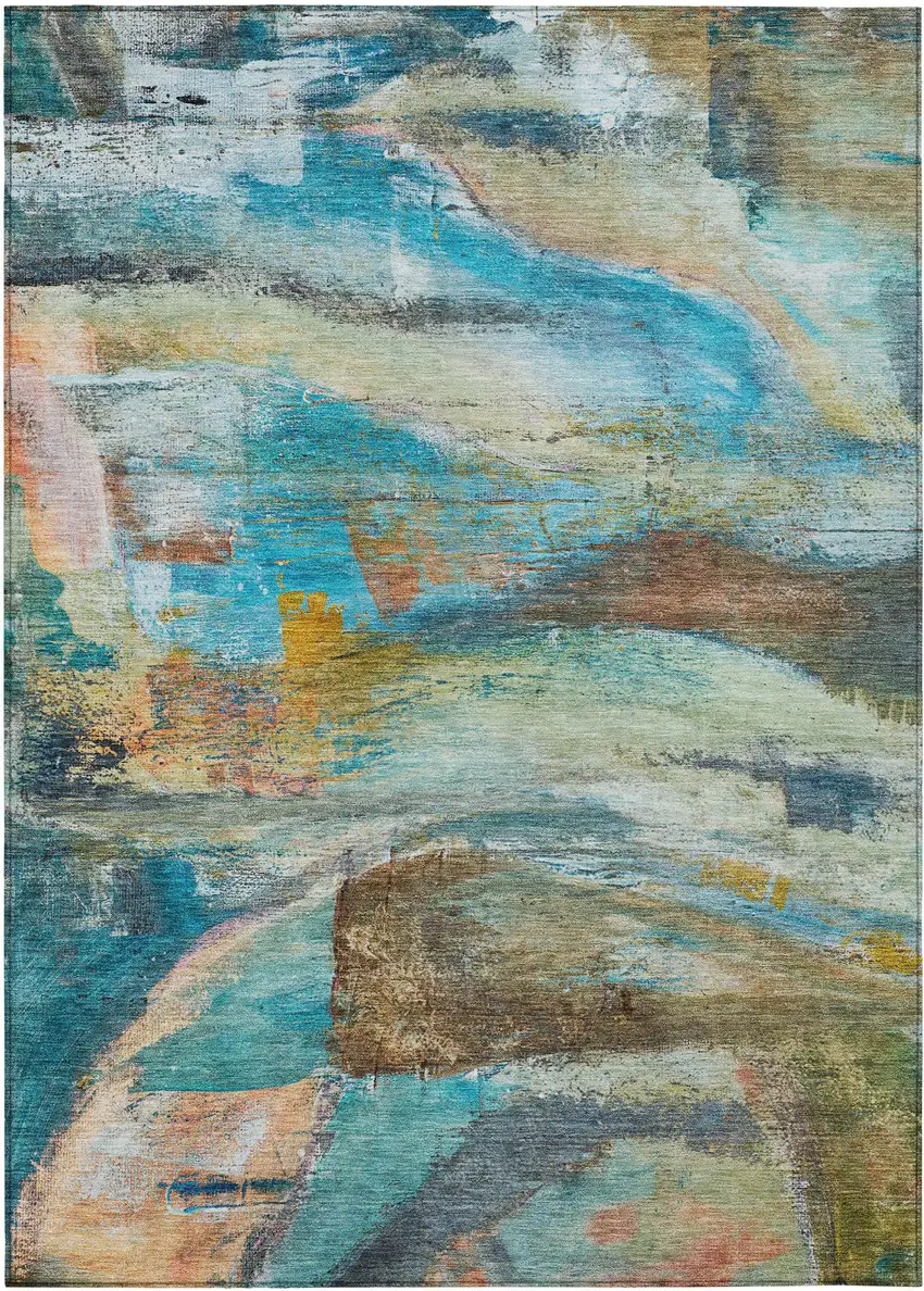 Teal Blue Copper And Beige Abstract Washable Indoor Outdoor Area Rug Photo 8