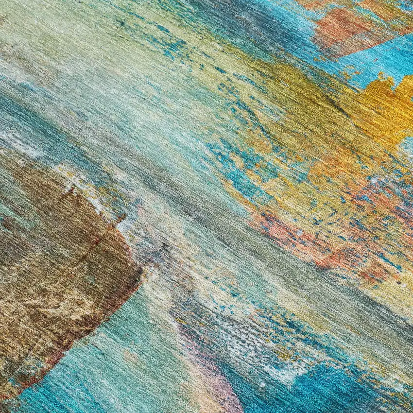 Teal Blue Copper And Beige Abstract Washable Indoor Outdoor Area Rug Photo 3