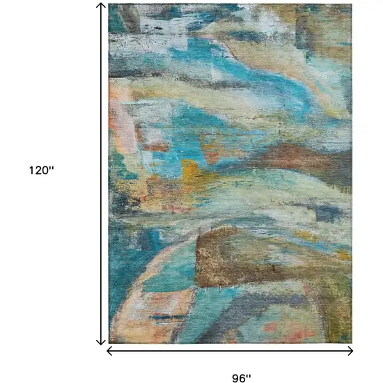 Teal Blue Copper And Beige Abstract Washable Indoor Outdoor Area Rug Photo 9