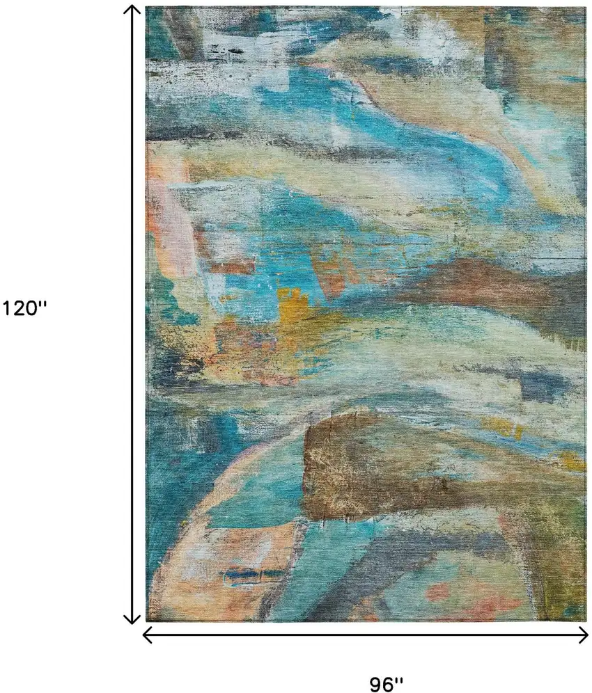 Teal Blue Copper And Beige Abstract Washable Indoor Outdoor Area Rug Photo 9