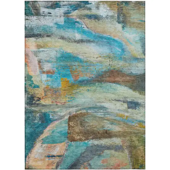 Teal Blue Copper And Beige Abstract Washable Indoor Outdoor Area Rug Photo 8