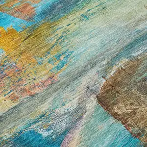 Photo of Teal Blue Copper And Beige Abstract Washable Indoor Outdoor Area Rug