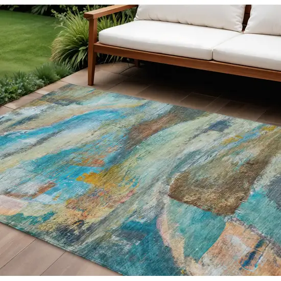 Teal Blue Copper And Beige Abstract Washable Indoor Outdoor Area Rug Photo 2