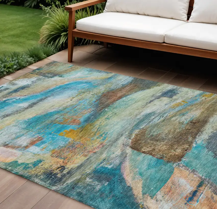Teal Blue Copper And Beige Abstract Washable Indoor Outdoor Area Rug Photo 2