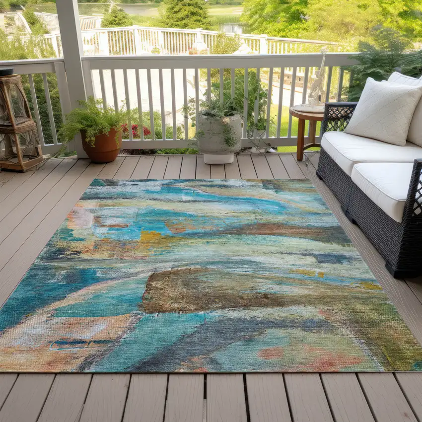 Teal Blue Copper And Beige Abstract Washable Indoor Outdoor Area Rug Photo 7