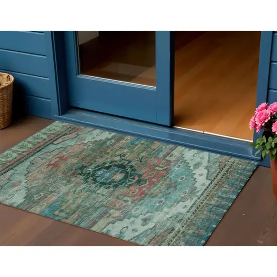 Teal Blue Copper And Gold Tribal Washable Indoor Outdoor Area Rug Photo 2