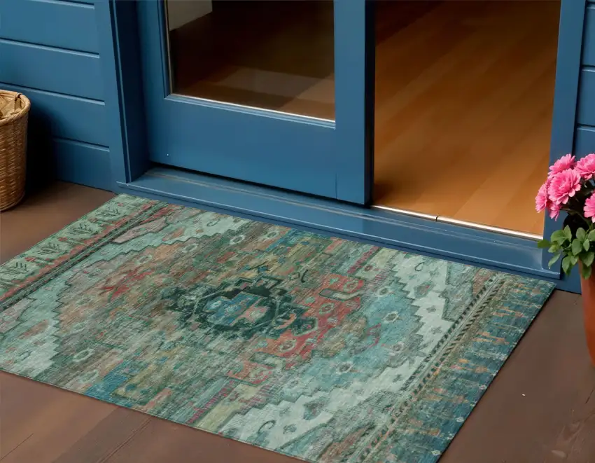 Teal Blue Copper And Gold Tribal Washable Indoor Outdoor Area Rug Photo 2