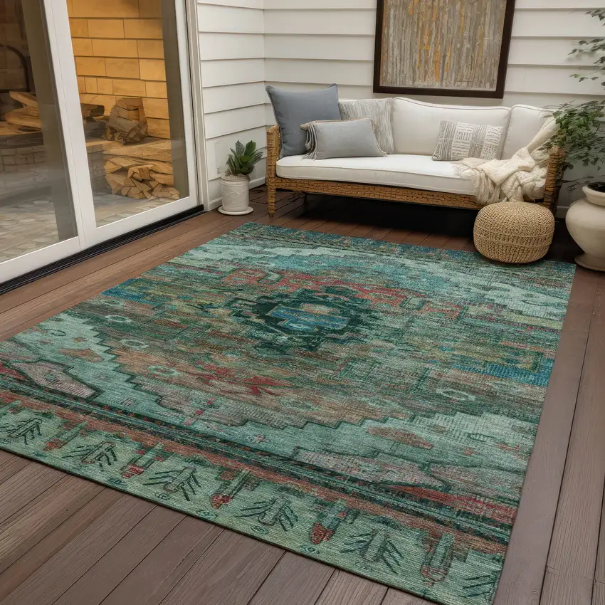Teal Blue Copper And Gold Tribal Washable Indoor Outdoor Area Rug Photo 5