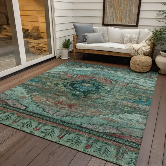 Teal Blue Copper And Gold Tribal Washable Indoor Outdoor Area Rug Photo 4