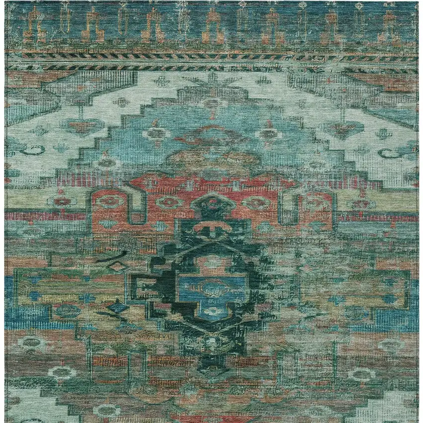Teal Blue Copper And Gold Tribal Washable Indoor Outdoor Area Rug Photo 8