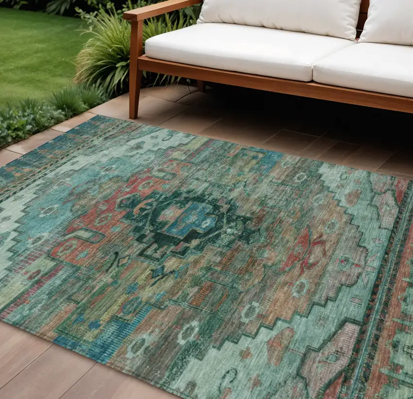 Teal Blue Copper And Gold Tribal Washable Indoor Outdoor Area Rug Photo 2