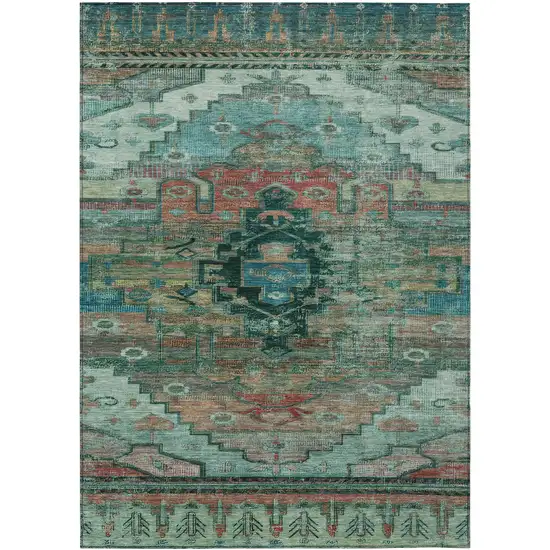 Teal Blue Copper And Gold Tribal Washable Indoor Outdoor Area Rug Photo 1