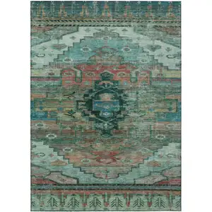 Photo of Teal Blue Copper And Gold Tribal Washable Indoor Outdoor Area Rug