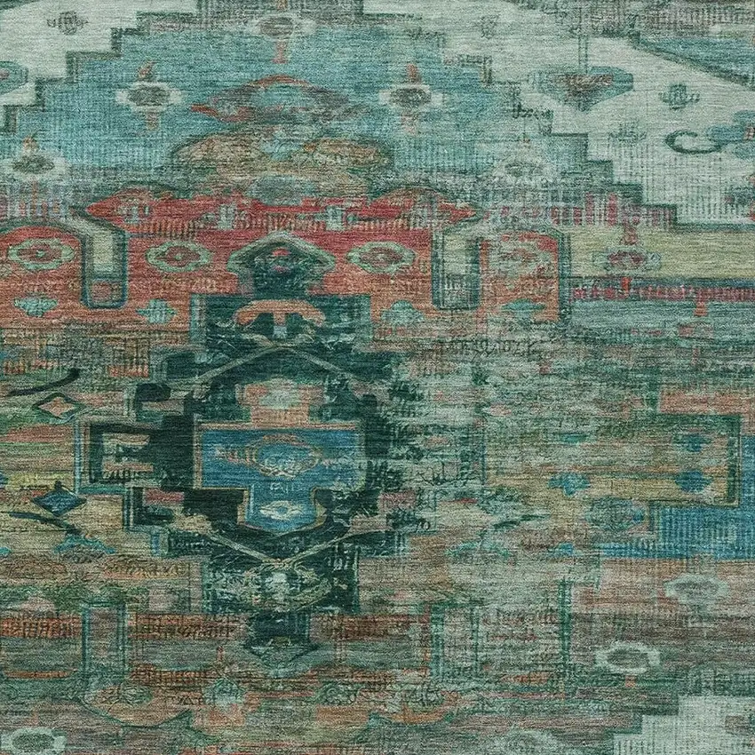 Teal Blue Copper And Gold Tribal Washable Indoor Outdoor Area Rug Photo 4