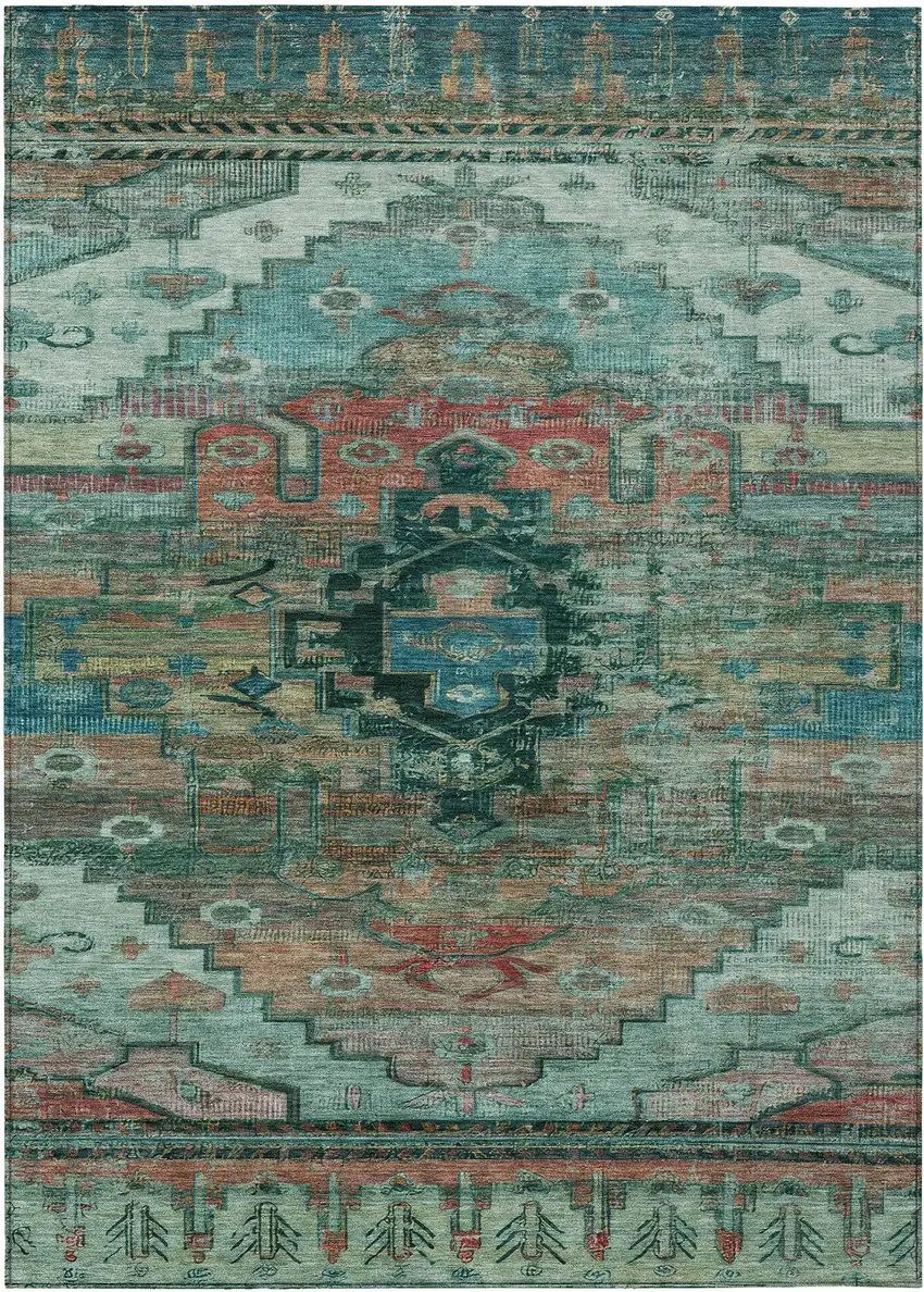 Teal Blue Copper And Gold Tribal Washable Indoor Outdoor Area Rug Photo 1