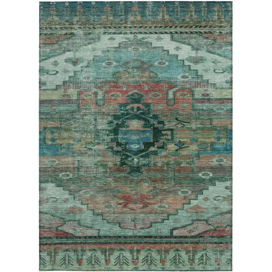 Teal Blue Copper And Gold Tribal Washable Indoor Outdoor Area Rug Photo 3