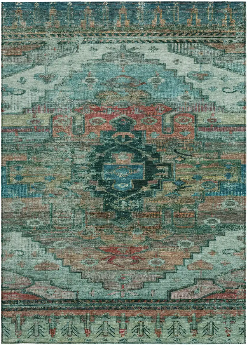 Teal Blue Copper And Gold Tribal Washable Indoor Outdoor Area Rug Photo 3