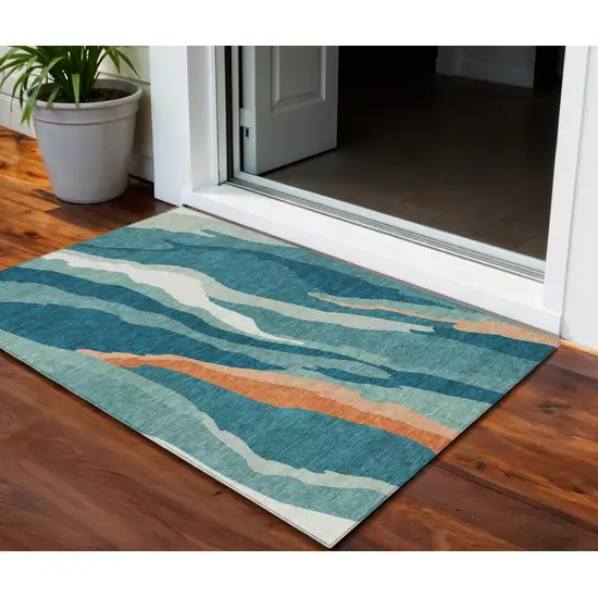 Teal Blue Copper And Ivory Abstract Washable Indoor Outdoor Area Rug Photo 1