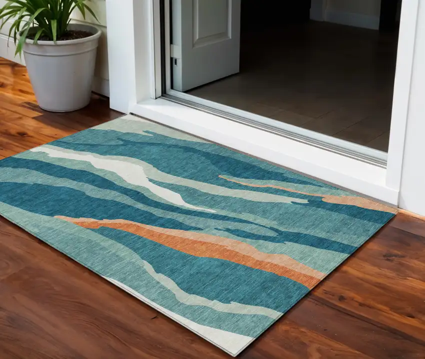 Teal Blue Copper And Ivory Abstract Washable Indoor Outdoor Area Rug Photo 1