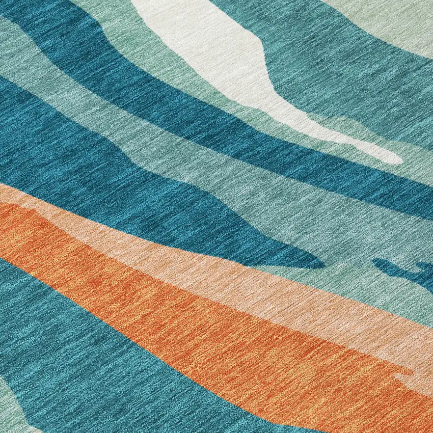 Teal Blue Copper And Ivory Abstract Washable Indoor Outdoor Area Rug Photo 5