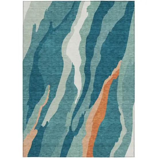 Teal Blue Copper And Ivory Abstract Washable Indoor Outdoor Area Rug Photo 7