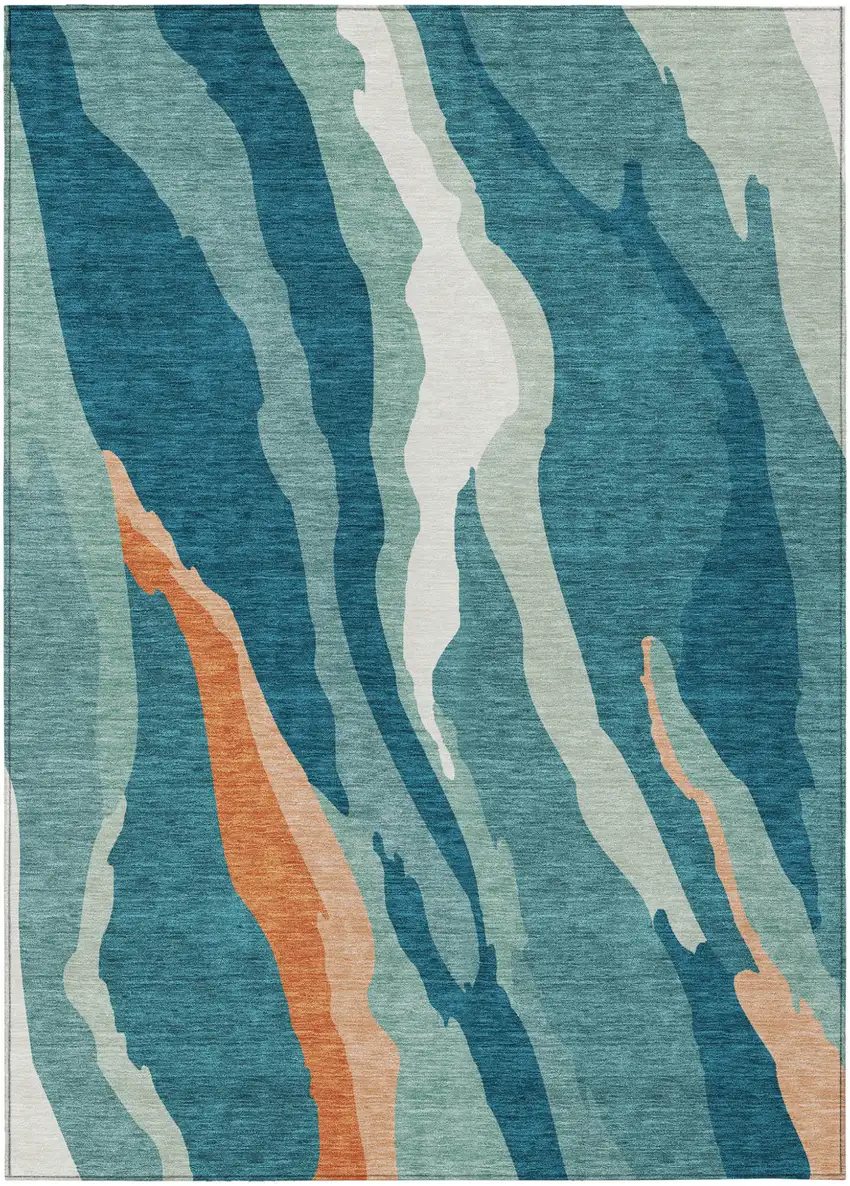 Teal Blue Copper And Ivory Abstract Washable Indoor Outdoor Area Rug Photo 2