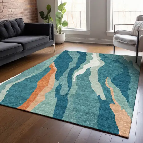 Teal Blue Copper And Ivory Abstract Washable Indoor Outdoor Area Rug Photo 9