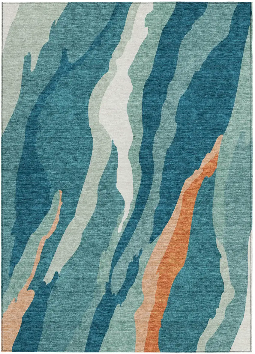 Teal Blue Copper And Ivory Abstract Washable Indoor Outdoor Area Rug Photo 7