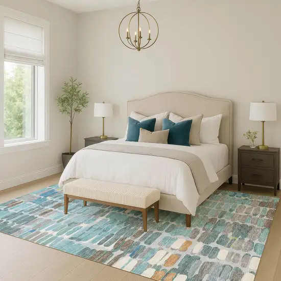 Teal Blue Copper And Ivory Abstract Washable Indoor Outdoor Area Rug Photo 9