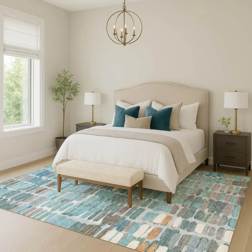 Teal Blue Copper And Ivory Abstract Washable Indoor Outdoor Area Rug Photo 9